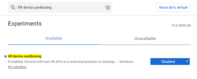 The XR Device Sandboxing flag on the about:flags page