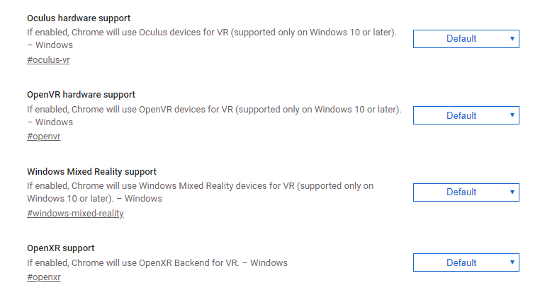 Various VR runtime flags on the about:flags page